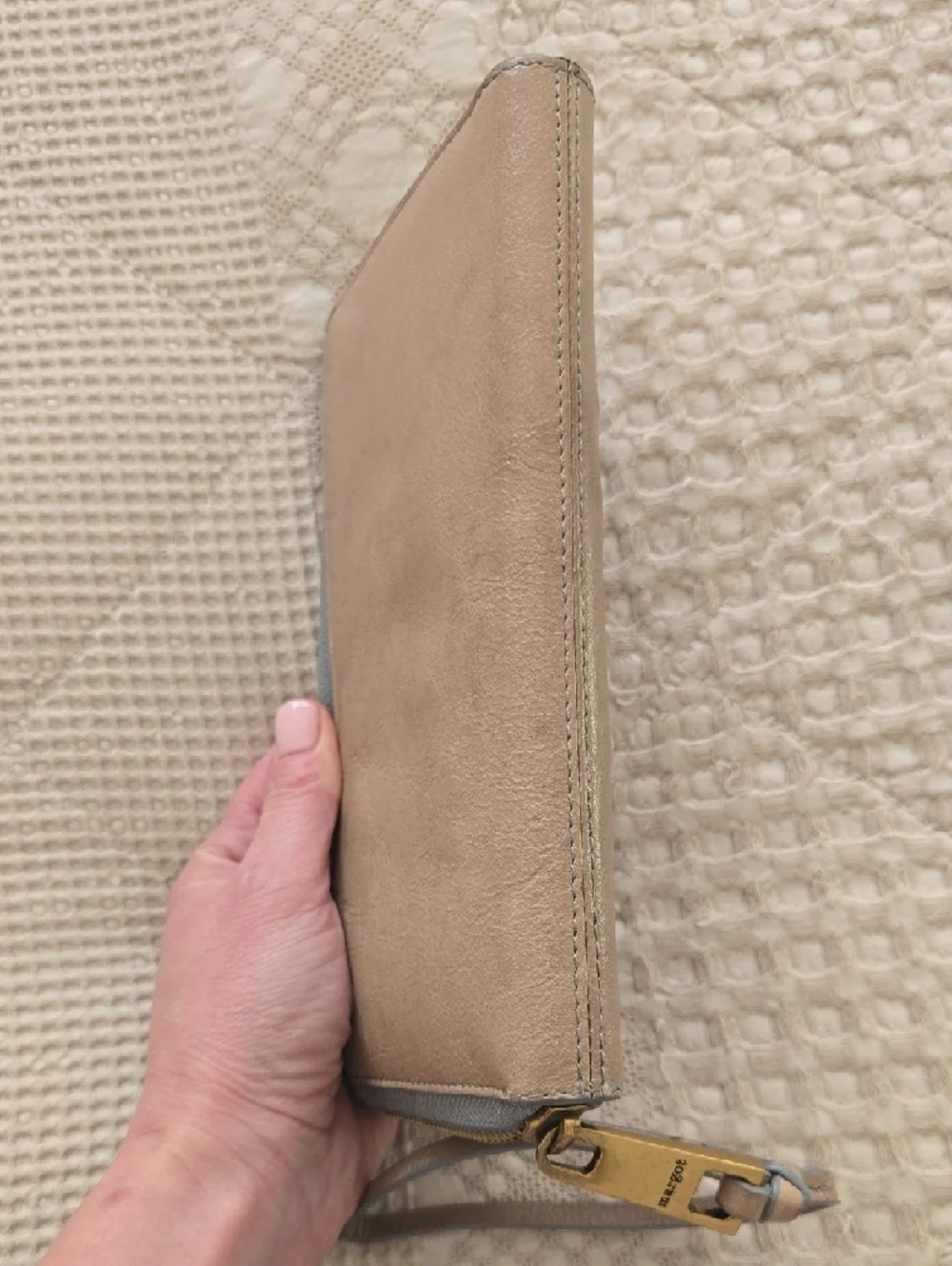 margot Taupe Leather Zip Wristlet Wallet with Blue Trim Normcore Anthropologie